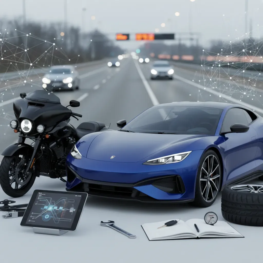 Realistyczne zdjęcie estetycznie ujętego samochodu i motocykla, nowoczesna kompozycja editorialna, bez tekstu.