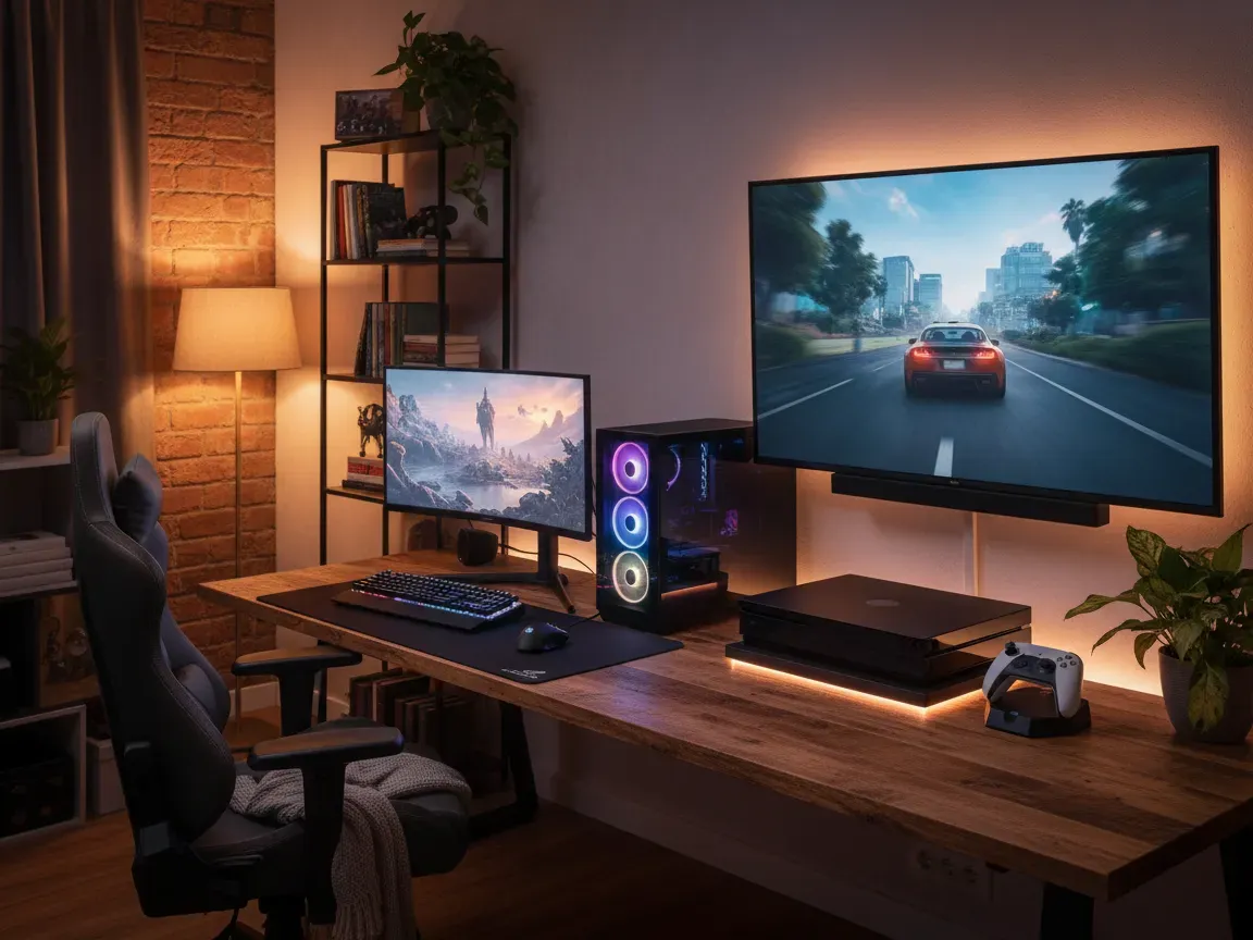 Nowoczesna, przytulna sala gamingowa z komputerem PC z podświetleniem RGB i konsolą z padałem obok telewizora na drewnianym biurku, ciepłe światło.